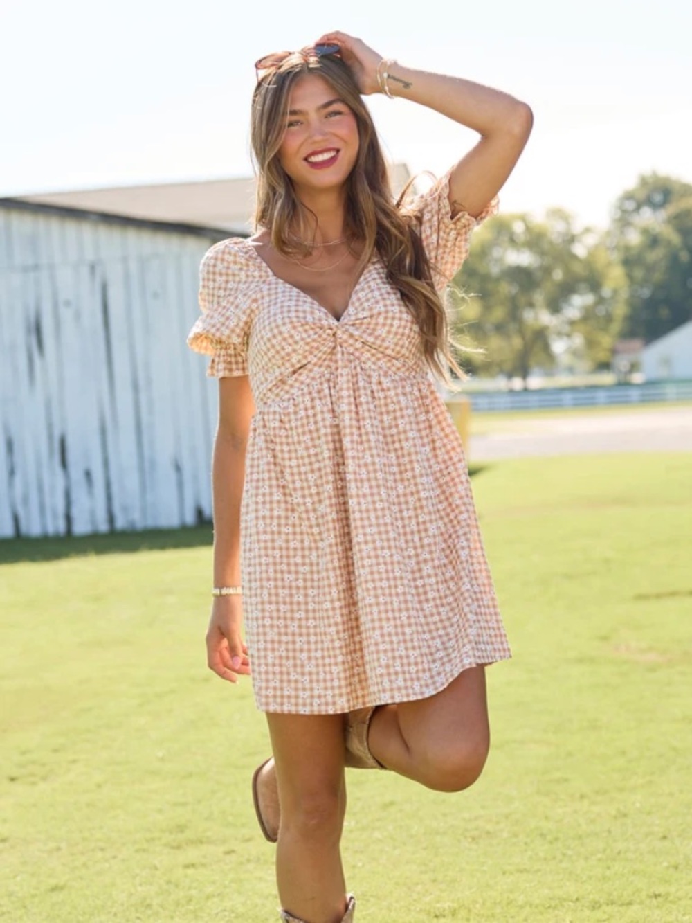 Pink Lily More Duets Neutral Floral Gingham Mini Dress